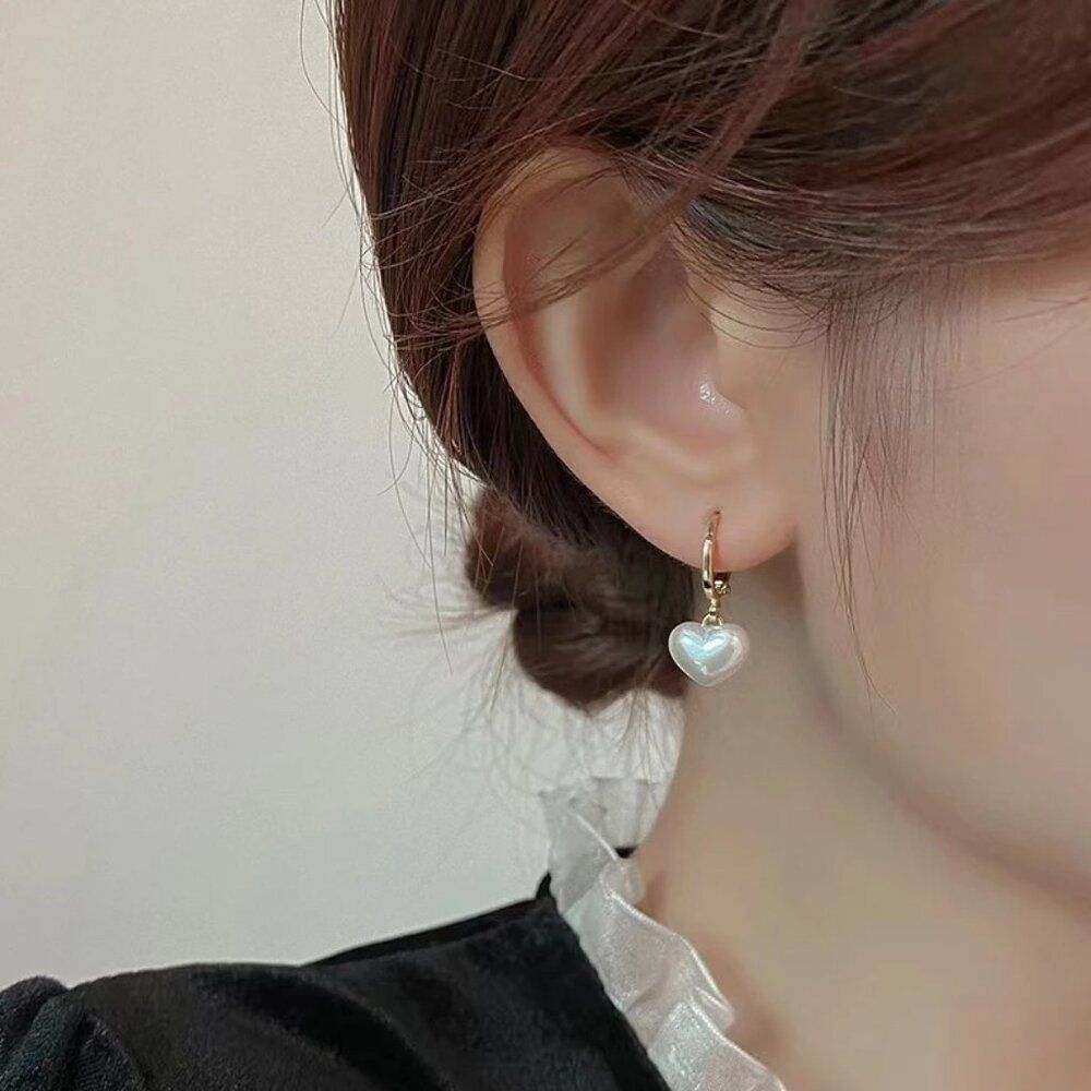 Pearl Heart Charm Earrings in Gold - Picture 3 of 8